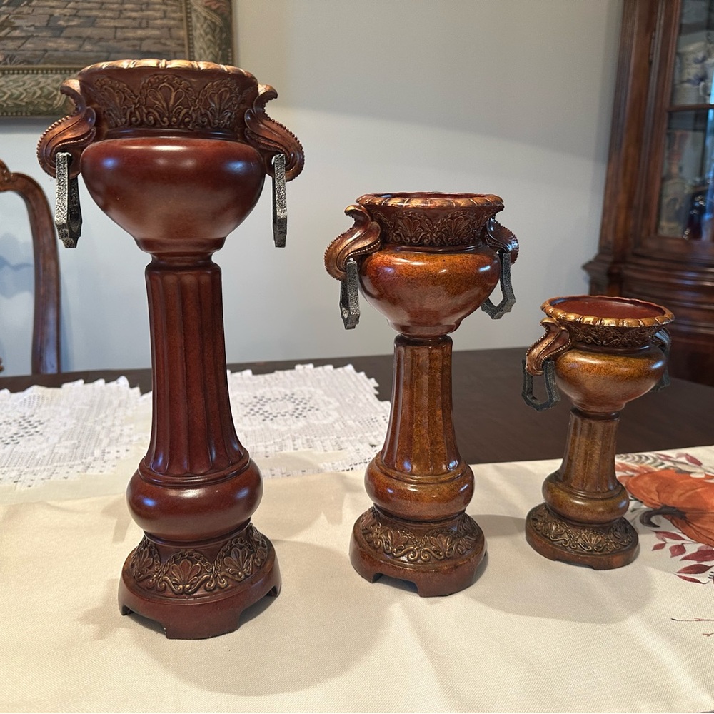 Set of 3 Carved Wooden Candleholders